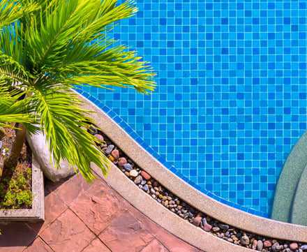 Aerial view of a blue-tiled swimming pool with a curved edge, bordered by stones, a potted palm tree, and red patio tiles—picture-perfect maintenance by coronabrooksidepoolservice.