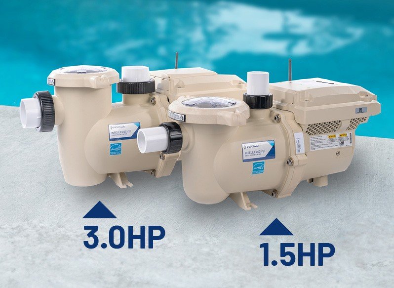 Two tan-colored pool pumps labeled 3.0 HP and 1.5 HP are displayed on a concrete surface near a swimming pool, ready for Expert Pool Maintenance 2025 by trusted Pool Service Corona CA professionals.