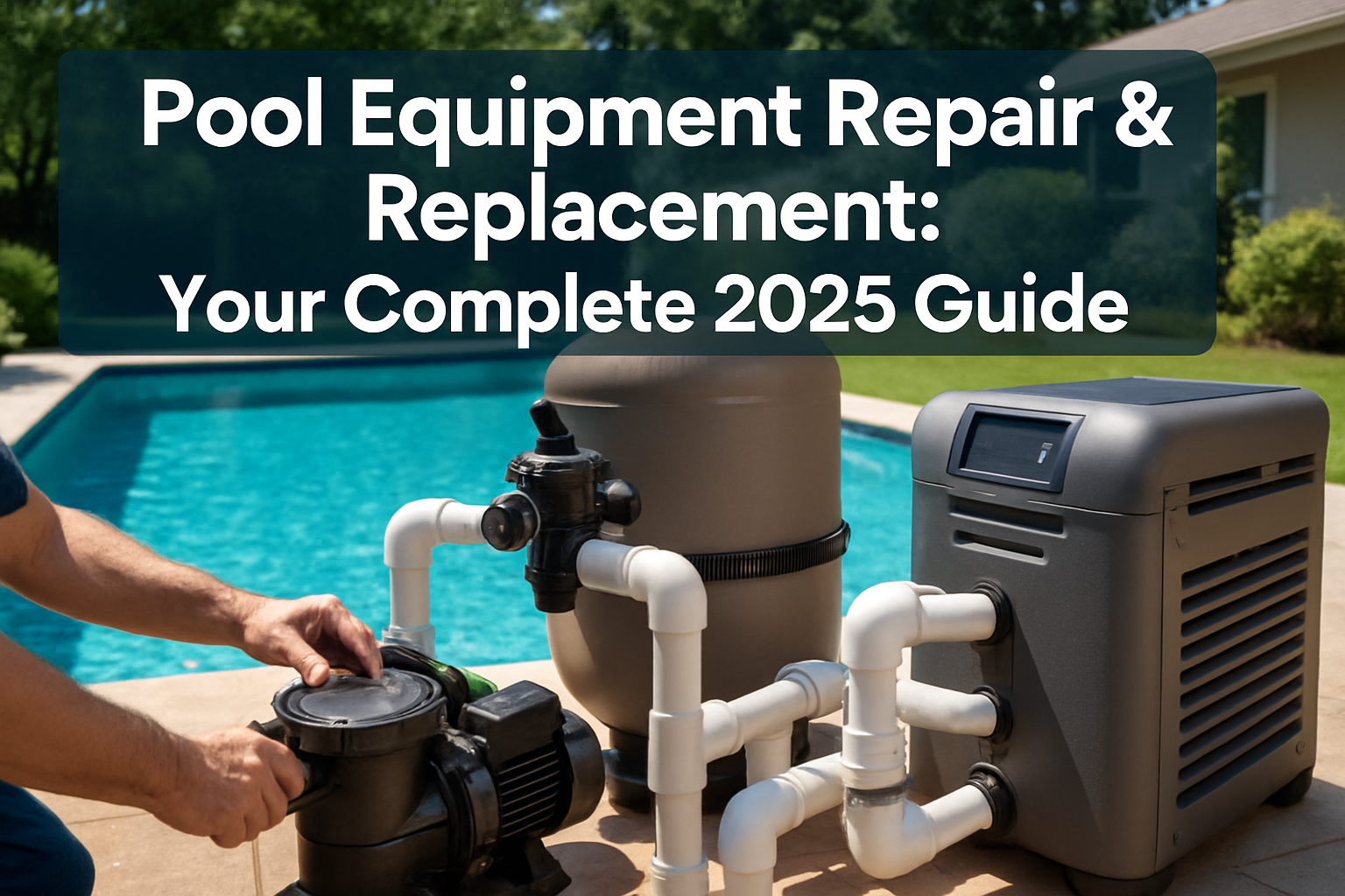 Professional landscape hero image (1536x1024) featuring bold text overlay 'Pool Equipment Repair & Replacement: Your Complete 2025 Guide' in