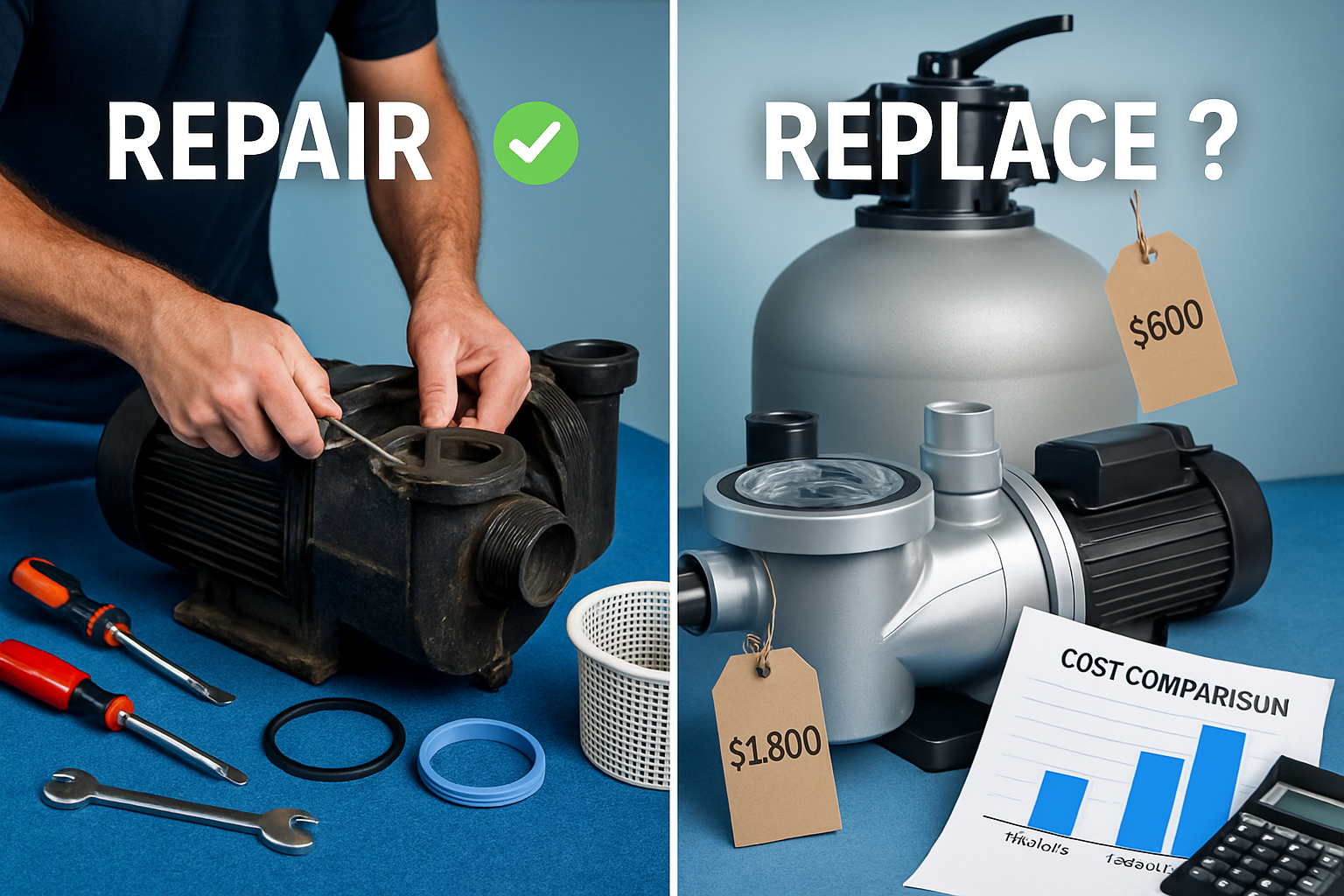 Detailed landscape editorial image (1536x1024) showing close-up comparison split-screen of pool equipment repair versus replacement decision