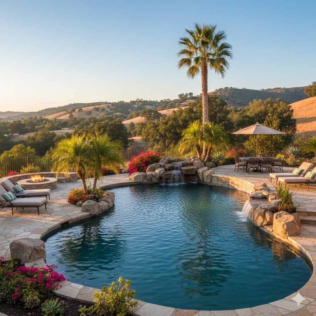 A landscaped backyard features a freeform pool with waterfalls, lounge chairs, a fire pit, palm trees, and distant rolling hills under a clear sky.