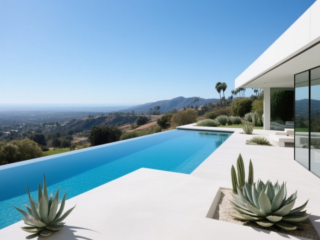 Modern infinity pool with clean white deck, surrounded by succulents, overlooking hills and distant city under a clear blue sky.