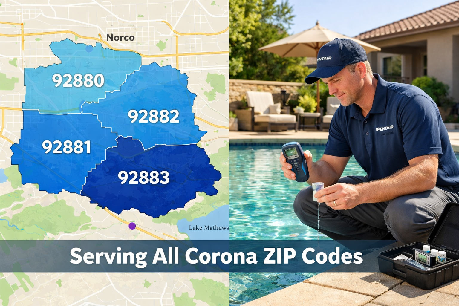 Detailed () editorial image showing a split-panel Corona, CA neighborhood map on the left with four highlighted ZIP code