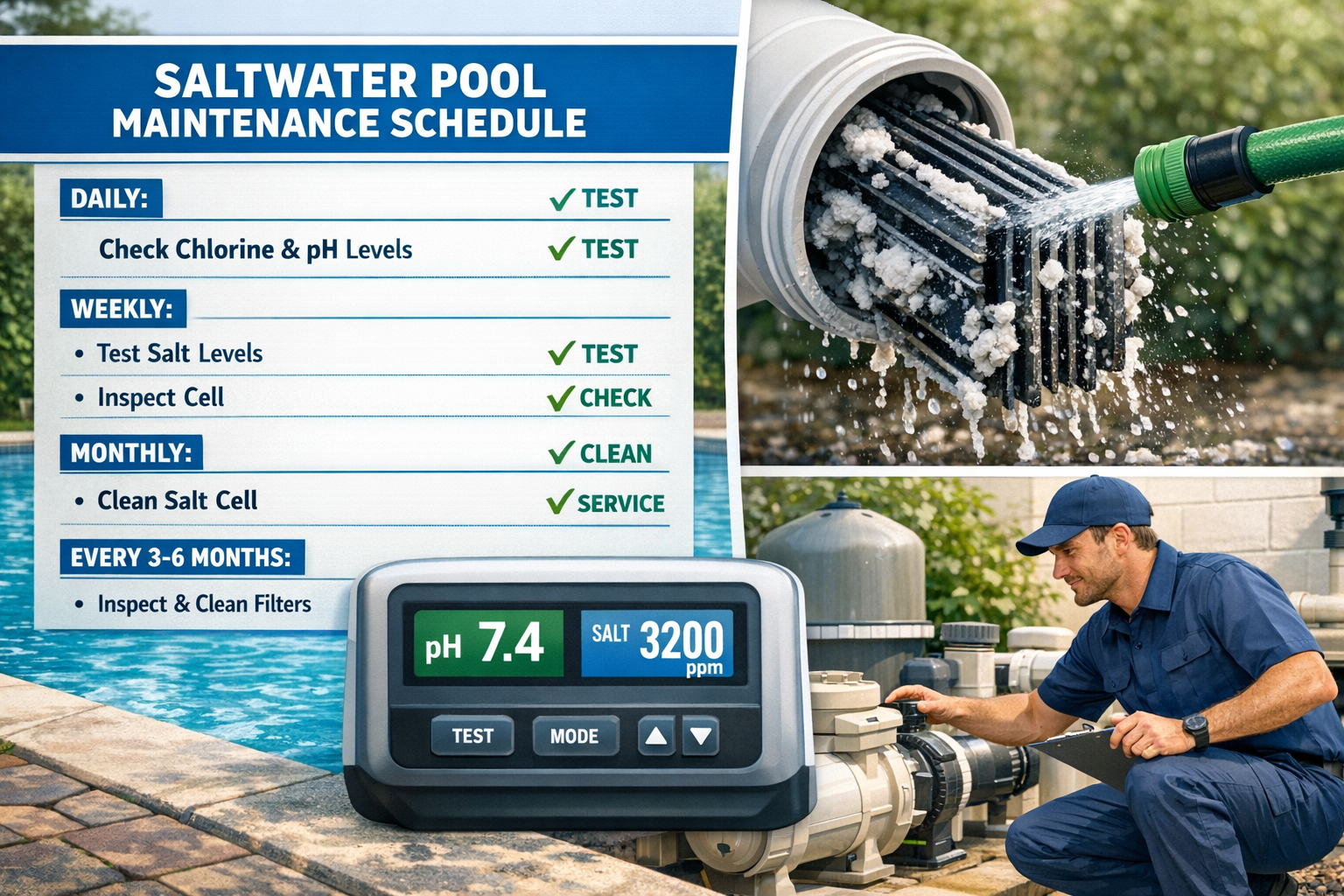 Detailed () informational infographic-style illustration showing a saltwater pool maintenance schedule chart alongside a
