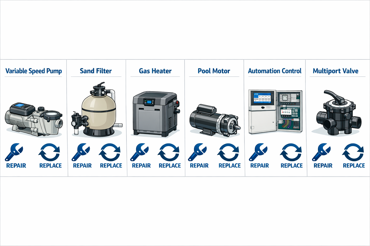 Detailed () split-panel infographic illustration showing six pool equipment components side by side: a variable-speed pump,