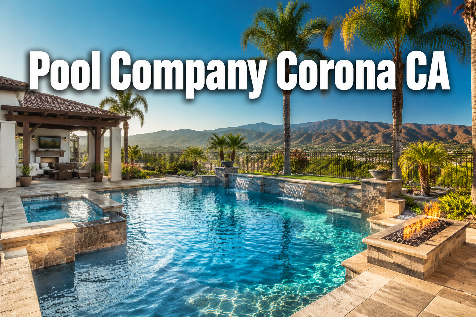 Professional () hero image with : 'Pool Company Corona CA' in extra large white with dark drop , centered upper third.