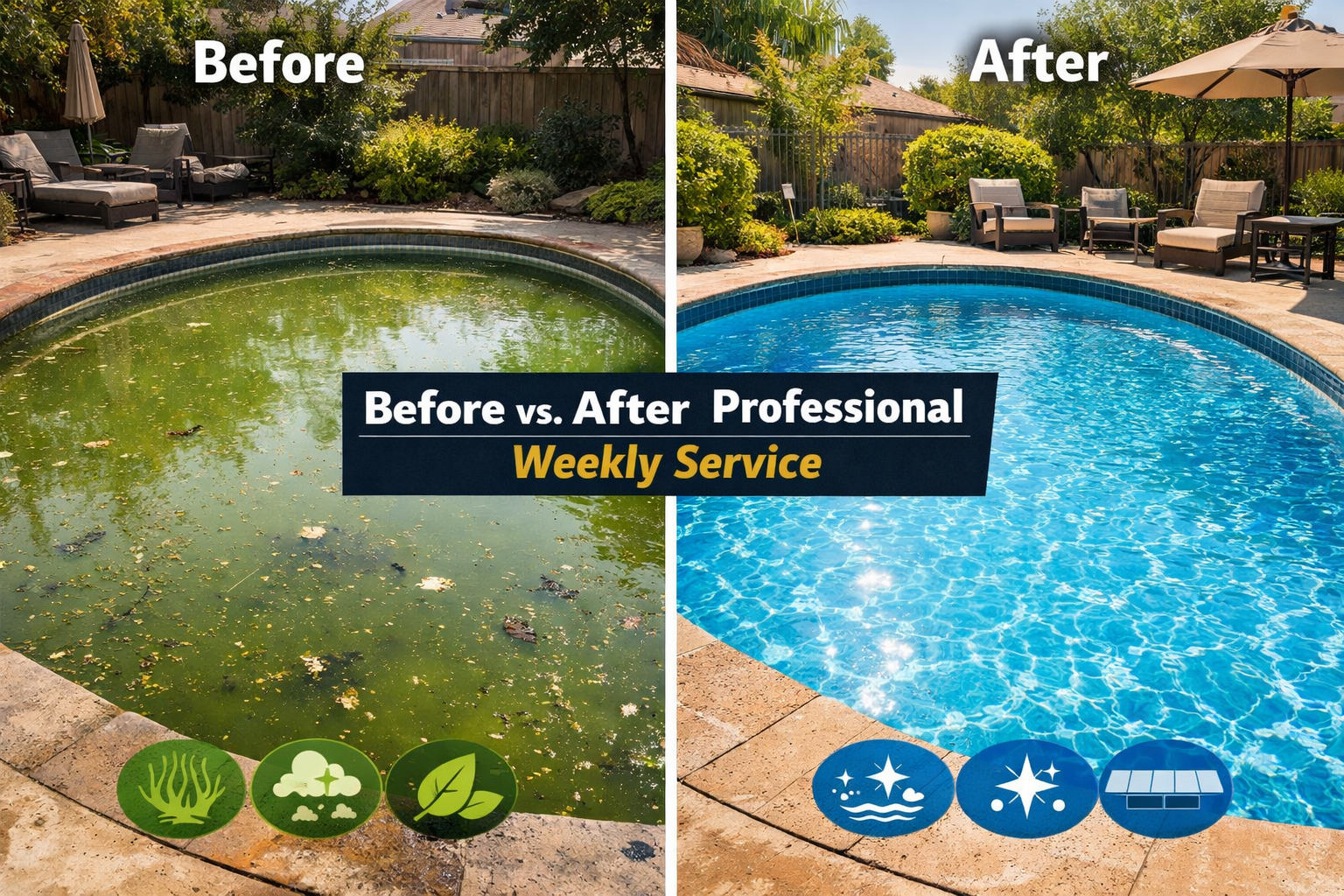 () comparison-style infographic image showing two side-by-side pool photos: left side shows a neglected green algae-filled