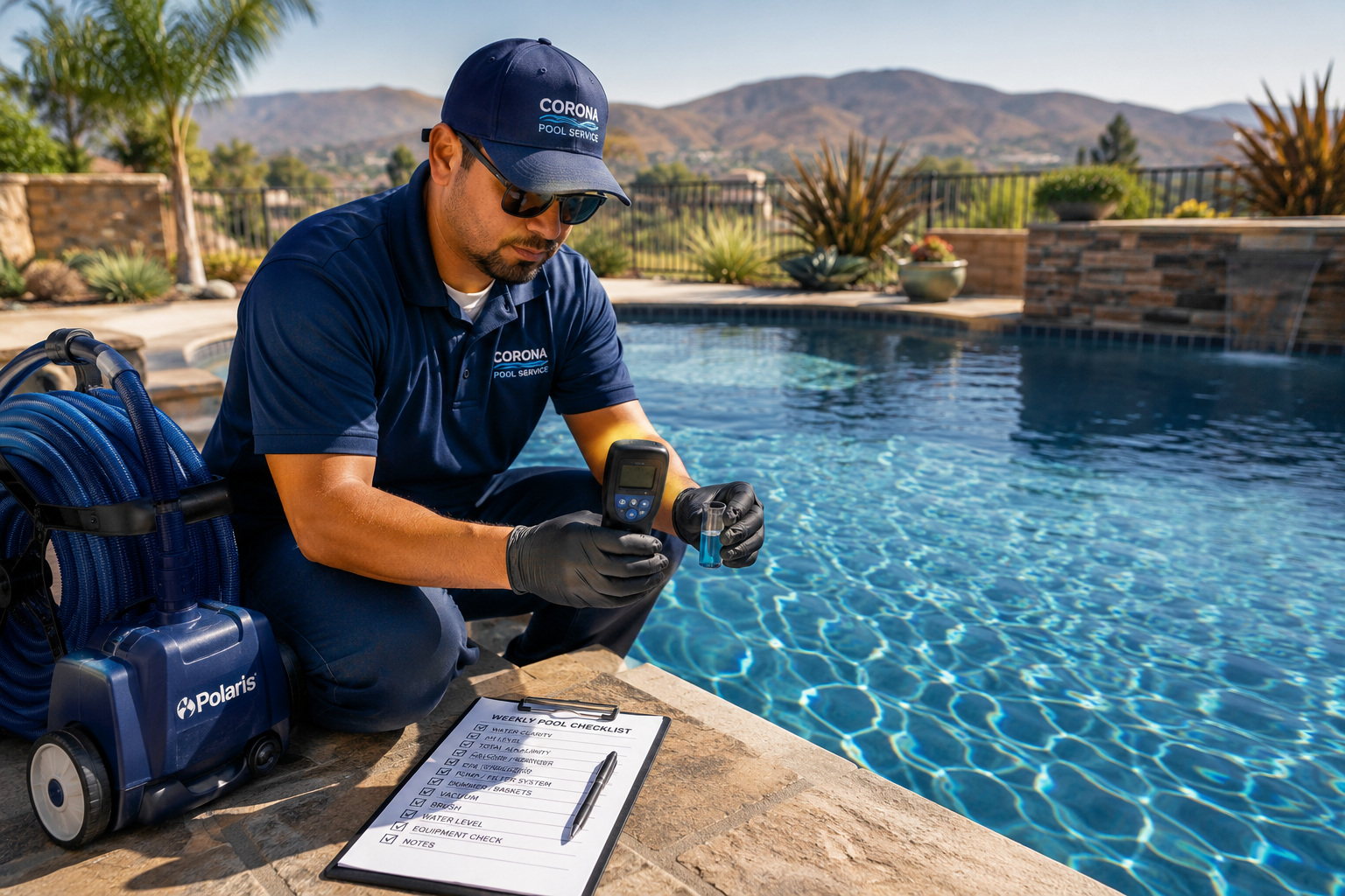 () editorial image depicting a professional pool service technician in branded uniform performing weekly pool maintenance on