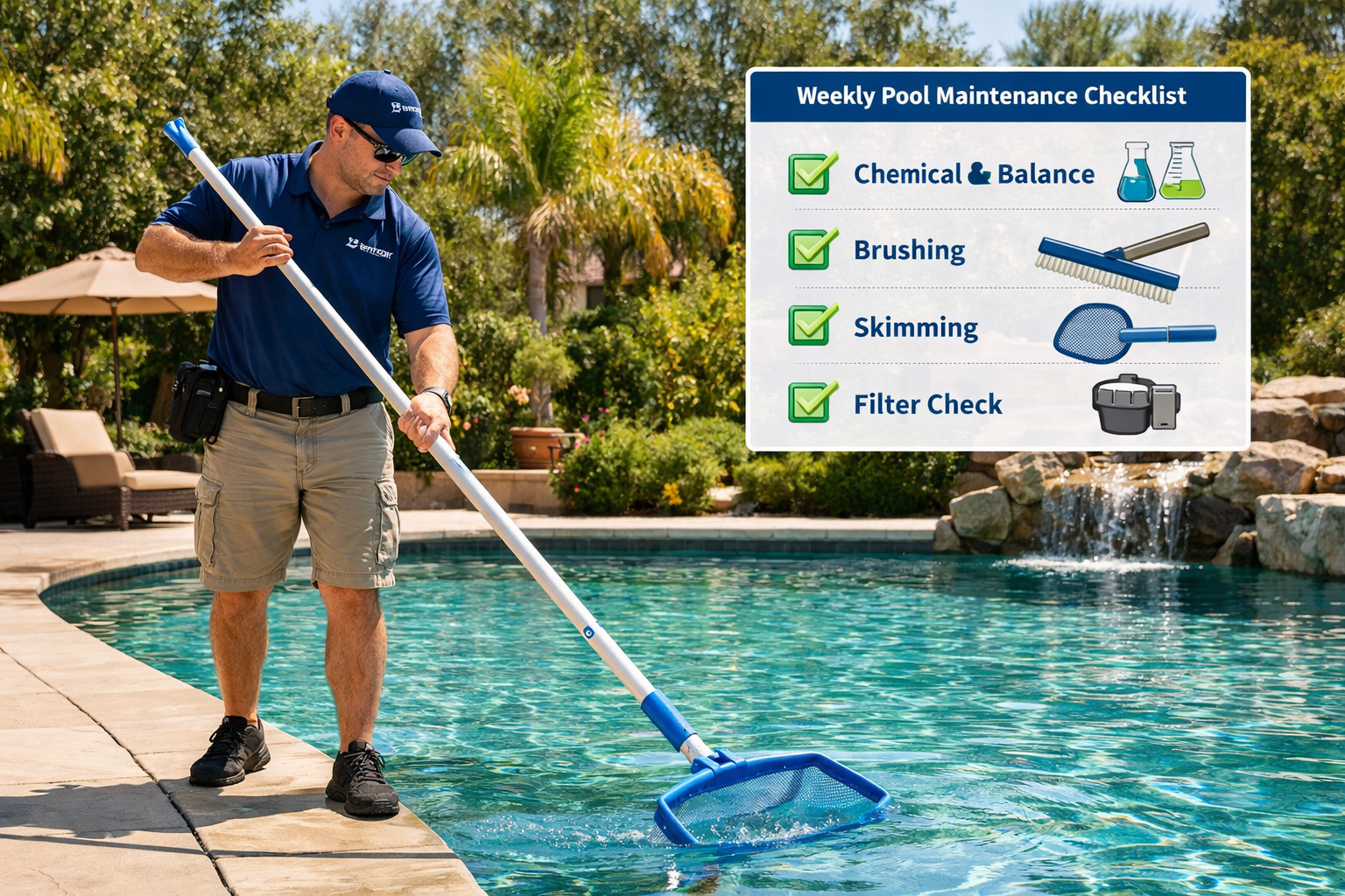() editorial image showing a professional pool technician in a branded uniform using a telescoping pole to skim debris from