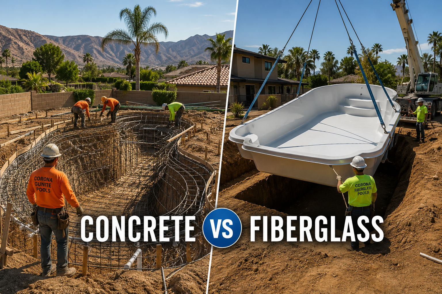 () editorial image showing a split comparison of concrete gunite pool construction versus fiberglass shell pool installation
